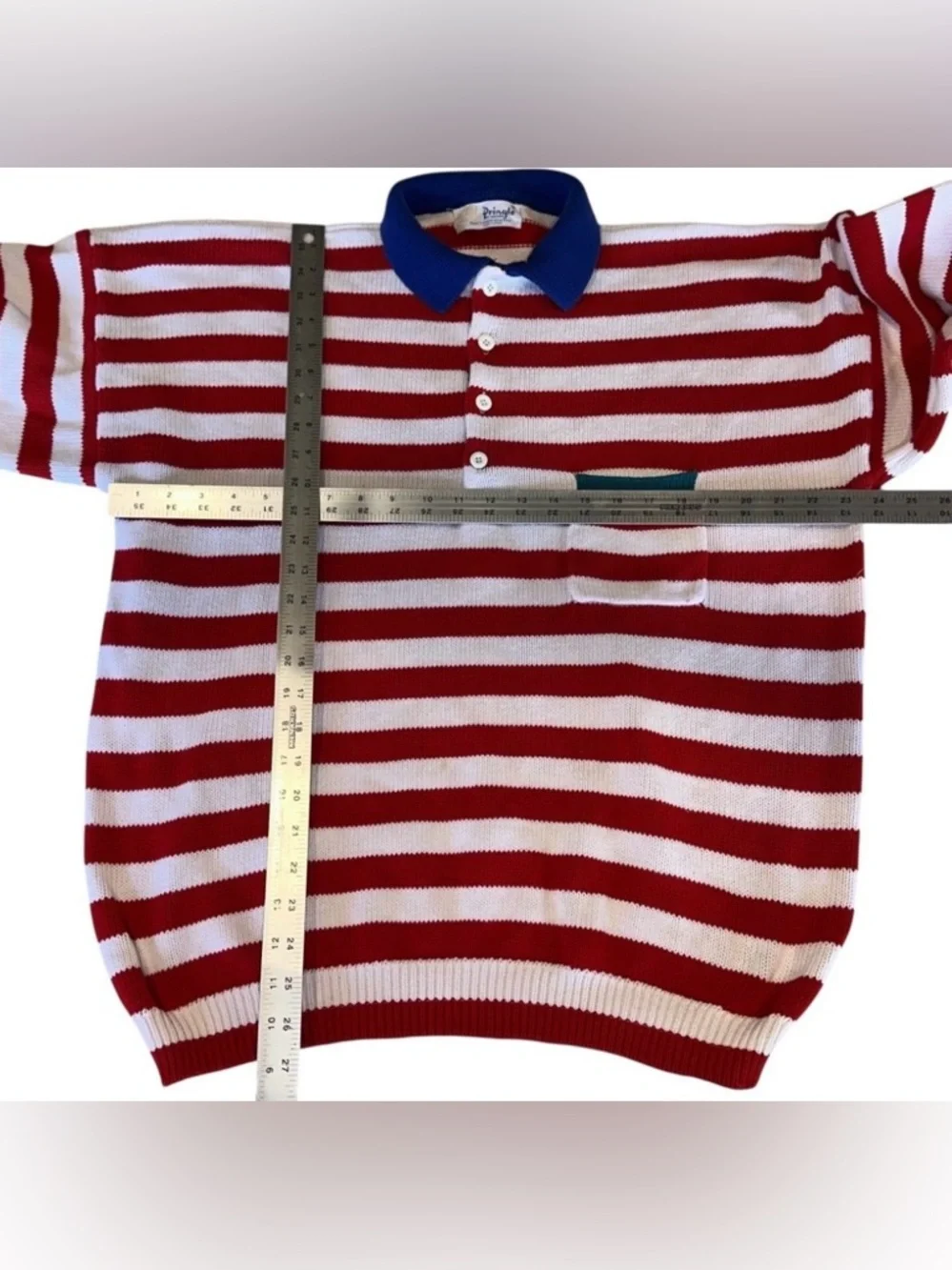 Vtg 80’s Pringle of Scotland Knit Polo Sweater Red White Stripe Retro Preppy XL